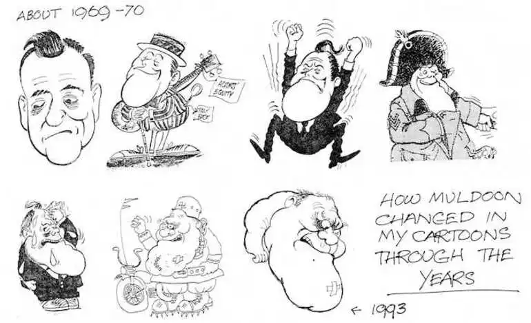 Image: Heath, Eric Walmsley, 1923- :[How Muldoon changed in my cartoons through the years, about 1969-1993].