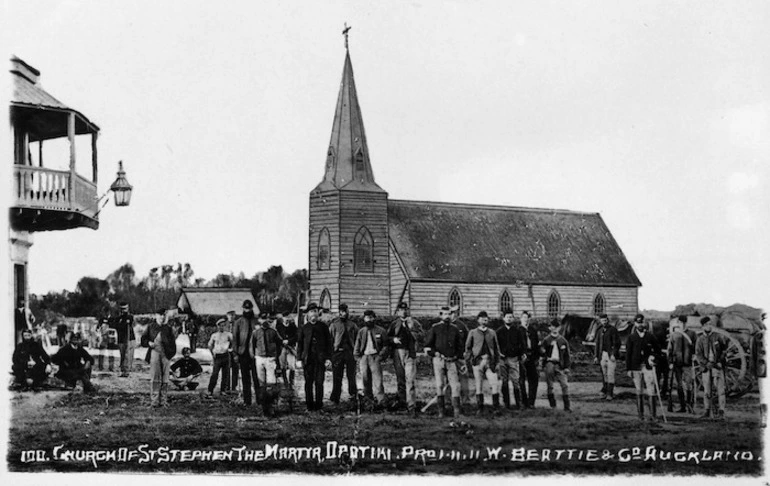 Image: Row of soldiers in Opotiki in front of the church later known as Saint Stephen the Martyr - Photograph taken by William Beattie and Company