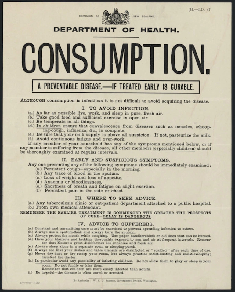 Image: New Zealand. Department of Health: Consumption. A preventable disease - if treated early is curable. [Poster. 19]29.