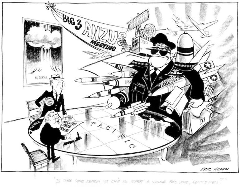 Image: Heath, Eric Walmsley 1923- :Big 3 Anzus meeting. "Is there some reason we can't all support a nuclear free zone, gentlemen?" [Dominion, 27 February 1974]