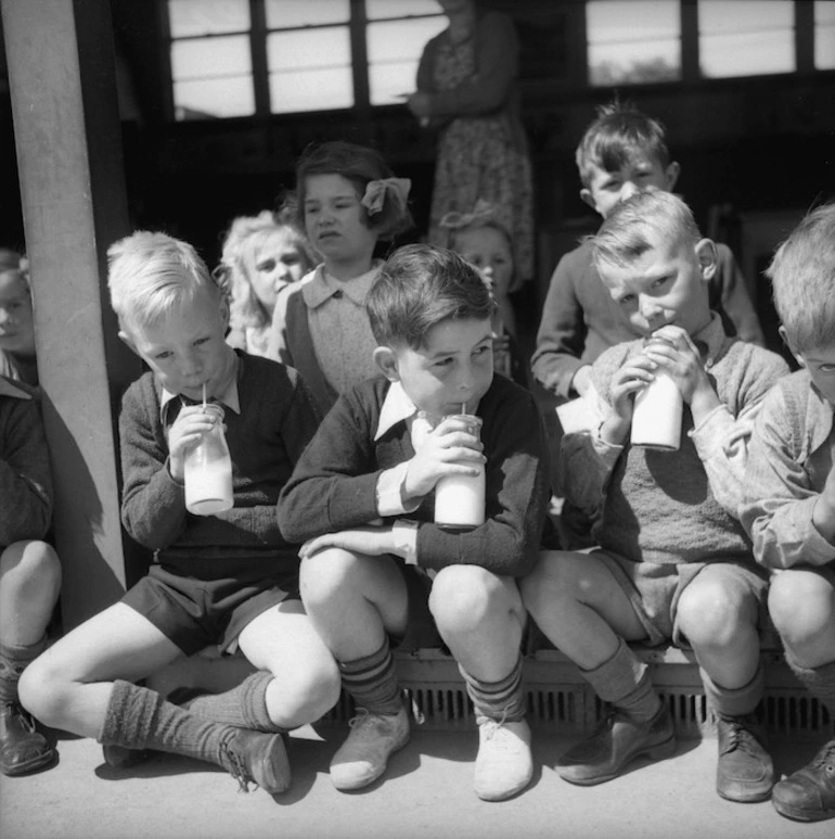 Image: Primary school boys drinking their school milk, Linwood, Christchurch