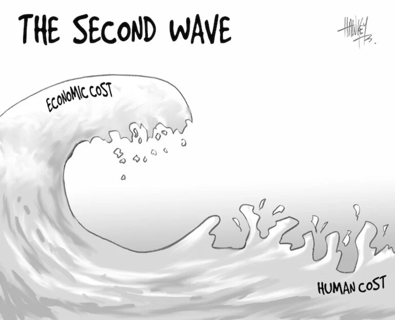 Image: Hawkey, Allan Charles, 1941-:The second wave. Economic cost. Human cost. Waikato Times, 5 January 2005.