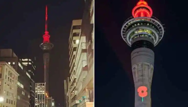 Image: Sky Tower NZ's tallest poppy for Anzac Day