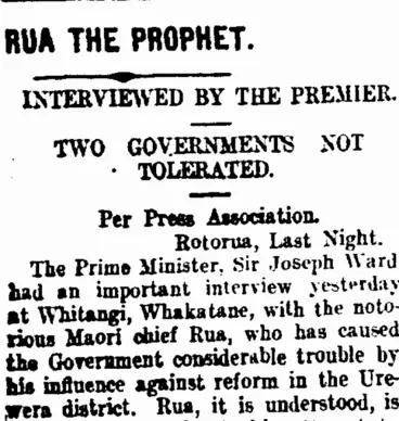 THE PROPHET RUA. (Taranaki Daily News 26-6-1906), Record