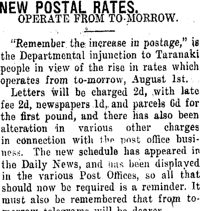 NEW POSTAL RATES. (Taranaki Daily New... Items National Library of