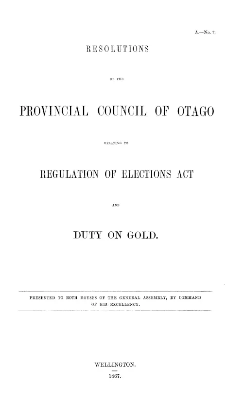 RESOLUTIONS OF THE PROVINCIAL COUNCIL OF OTAGO RELATING TO REGULATION OF ELECTIONS ACT AND DUTY ON GOLD.
