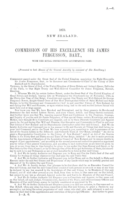 COMMISSION OF HIS EXCELLENCY SIR JAMES FERGUSSON, BART., WITH THE ROYAL INSTRUCTIONS ACCOMPANING SAME.
