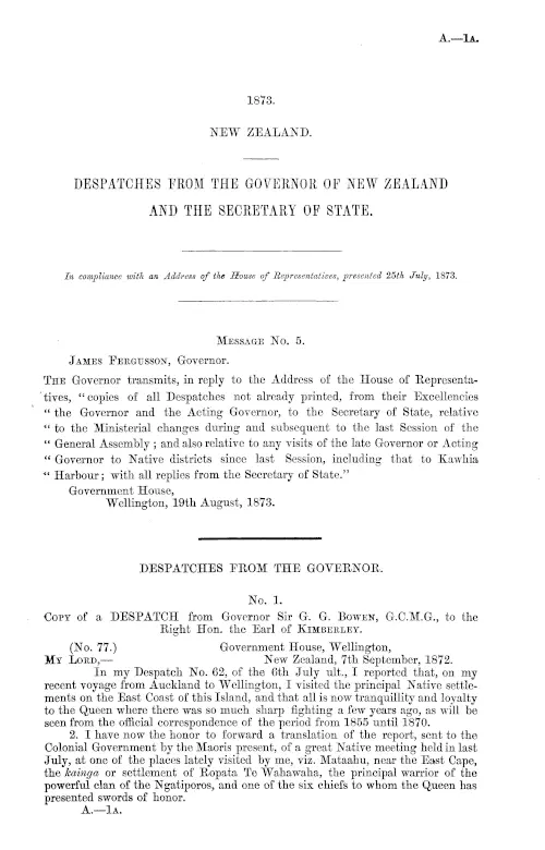 DESPATCHES FROM THE GOVERNOR OF NEW ZEALAND AND THE SECRETARY OF STATE.