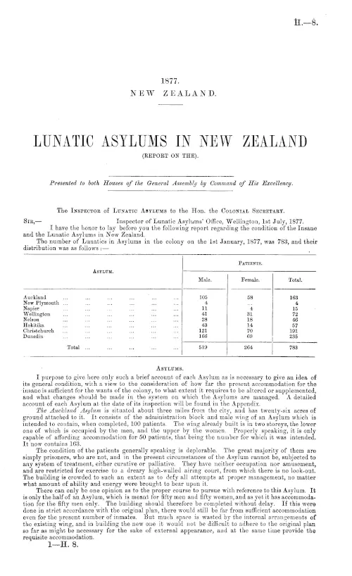 LUNATIC ASYLUMS IN NEW ZEALAND (REPORT ON THE).