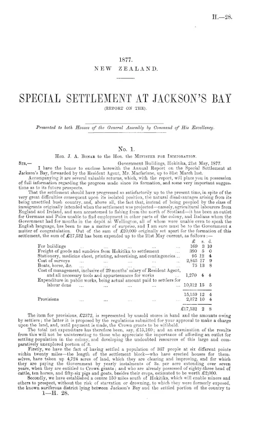 SPECIAL SETTLEMENT AT JACKSON'S BAY (REPORT ON THE).