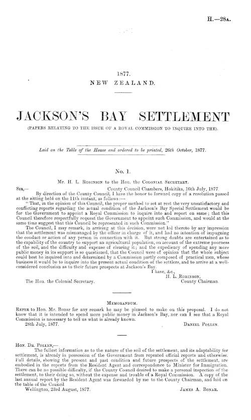 JACKSON'S BAY SETTLEMENT (PAPERS RELATING TO THE ISSUE OF A ROYAL COMMISSION TO INQUIRE INTO THE).