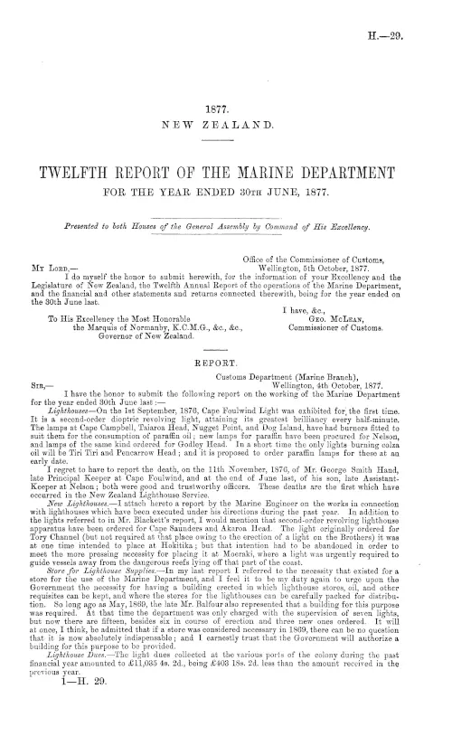 TWELFTH REPORT OF THE MARINE DEPARTMENT FOR THE YEAR ENDED 30TH JUNE, 1877.