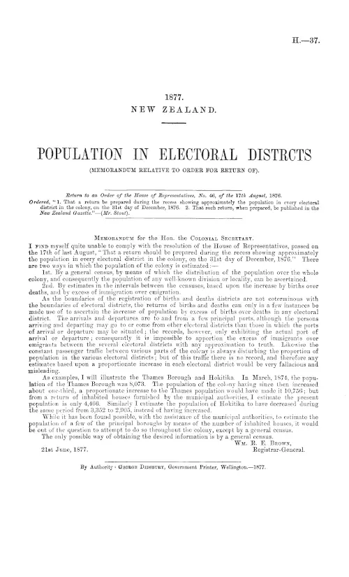 POPULATION IN ELECTORAL DISTRICTS (MEMORANDUM RELATIVE TO ORDER FOR RETURN OF).