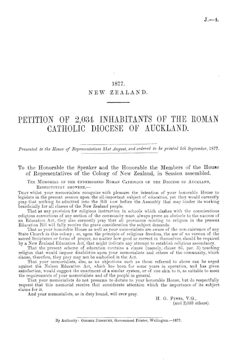PETITION OF 2,034 INHABITANTS OF THE ROMAN CATHOLIC DIOCESE OF AUCKLAND.