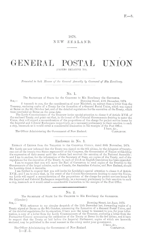 GENERAL POSTAL UNION (PAPERS RELATIVE TO).