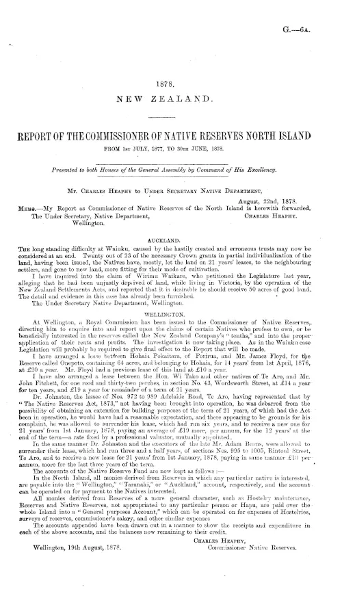 REPORT OF THE COMMISSIONER OF NATIVE RESERVES NORTH ISLAND FROM 1ST JULY, 1877, TO 30TH JUNE, 1878.