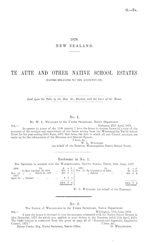TE AUTE AND OTHER NATIVE SCHOOL ESTATES (PAPERS RELATING TO THE ACCOUNTS OF).