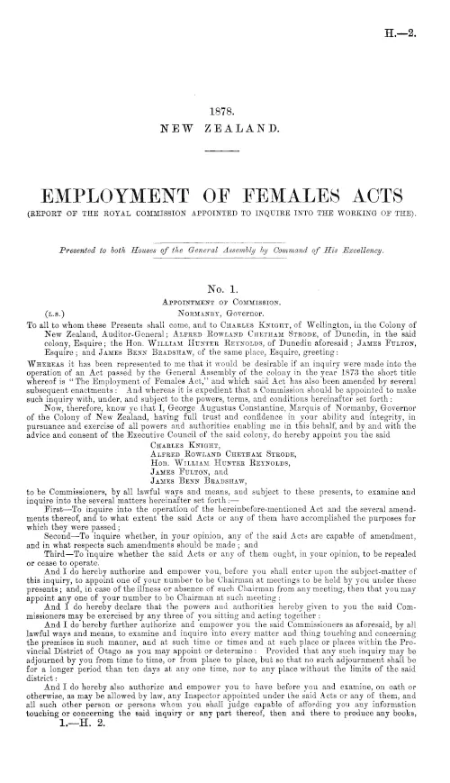 EMPLOYMENT OF FEMALES ACTS (REPORT OF THE ROYAL COMMISSION APPOINTED TO INQUIRE INTO THE WORKING OF THE).