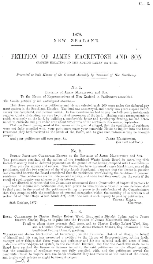 PETITION OF JAMES MACKINTOSH AND SON (PAPERS RELATING TO THE ACTION TAKEN ON THE).