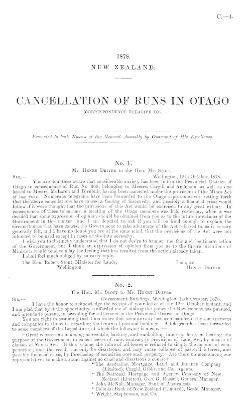 CANCELLATION OF RUNS IN OTAGO (CORRESPONDENCE RELATIVE TO).