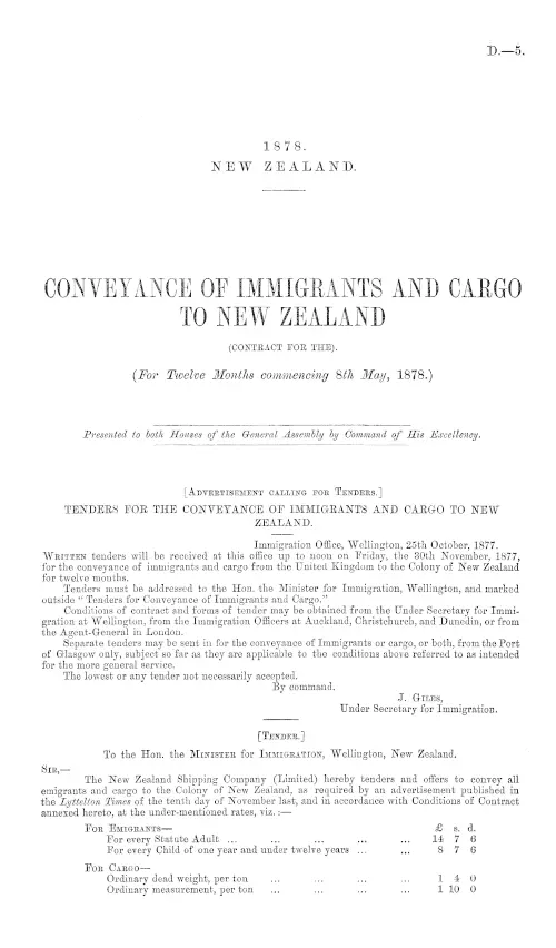 CONVEYANCE OF IMMIGRANTS AND CARGO TO NEW ZEALAND (CONTRACT FOR THE). (For Twelve Months commencing 8th May, 1878.)