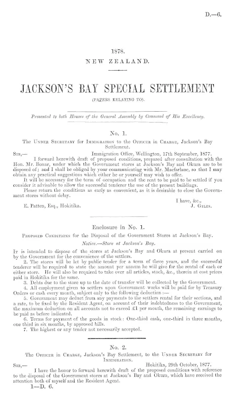 JACKSON'S BAY SPECIAL SETTLEMENT (PAPERS RELATING TO) Presented to both Houses of the General Assembly by Command of His Excellency.