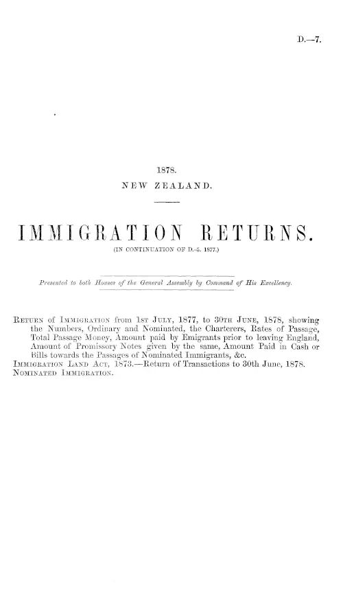 IMMIGRATION RETURNS. (IN CONTINUATION OF D.-5. 1877.)