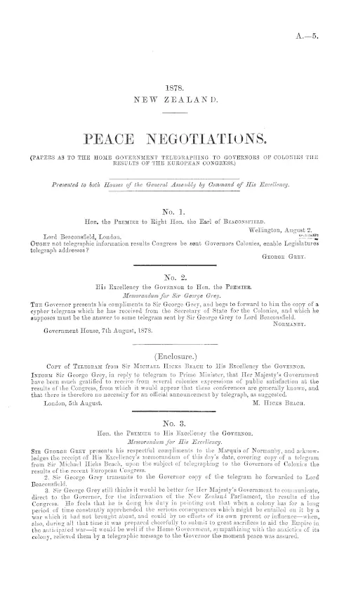 PEACE NEGOTIATIONS. (PAPERS AS TO THE HOME GOVERNMENT TELEGRAPHING TO GOVERNORS OF COLONIES THE RESULTS OF THE EUROPEAN CONGRESS.)