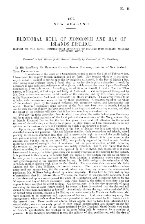 ELECTORAL ROLL OF MONGONUI AND BAY OF ISLANDS DISTRICT. (REPORT OF THE ROYAL COMMISSIONER APPOINTED TO INQUIRE INTO CERTAIN MATTERS CONNECTED WITH.)