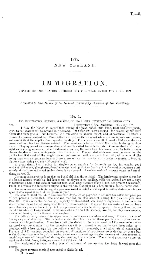IMMIGRATION. REPORTS OF IMMIGRATION OFFICERS FOR THE YEAR ENDED 30TH JUNE, 1879.