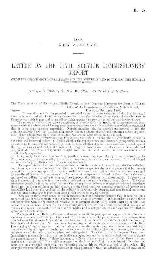 LETTER ON THE CIVIL SERVICE COMMISSIONERS' REPORT (FROM THE COMMISSIONER OF RAILWAYS FOR THE MIDDLE ISLAND TO THE HON. THE MINISTER FOR PUBLIC WORKS).