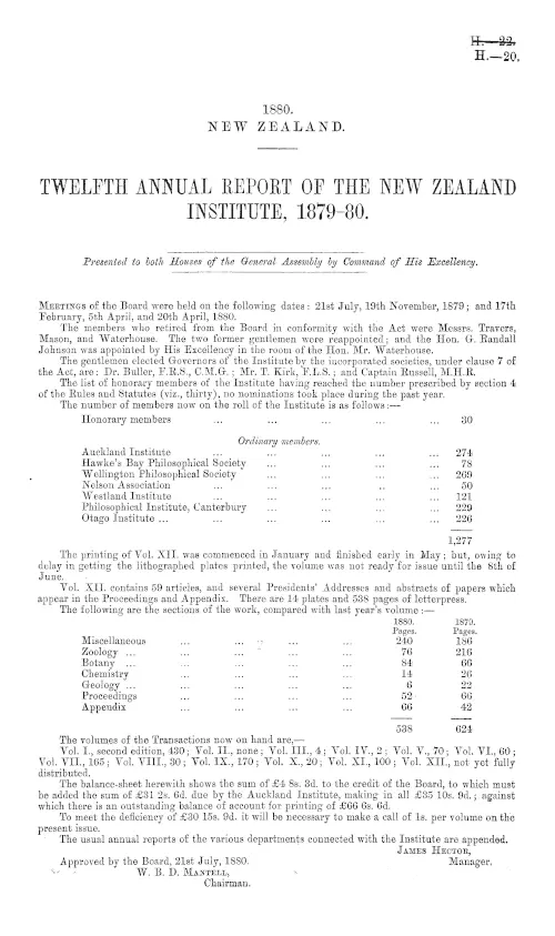TWELFTH ANNUAL REPORT OF THE NEW ZEALAND INSTITUTE, 1879-80.