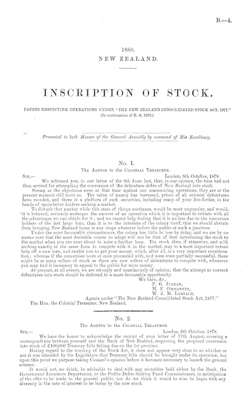 INSCRIPTION OF STOCK. PAPERS RESPECTING OPERATIONS UNDER "THE NEW ZEALAND CONSOLIDATED STOCK ACT, 1877." (In continuation of 8.-6, 1878.)