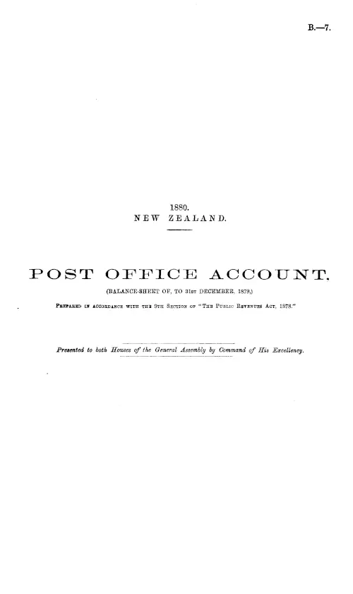 POST OFFICE ACCOUNT. (BALANCE-SHEET OF, TO 31st DECEMBER, 1879.) Prepared in Accordance with the 9th Section of "The Public Revenues Act, 1878."