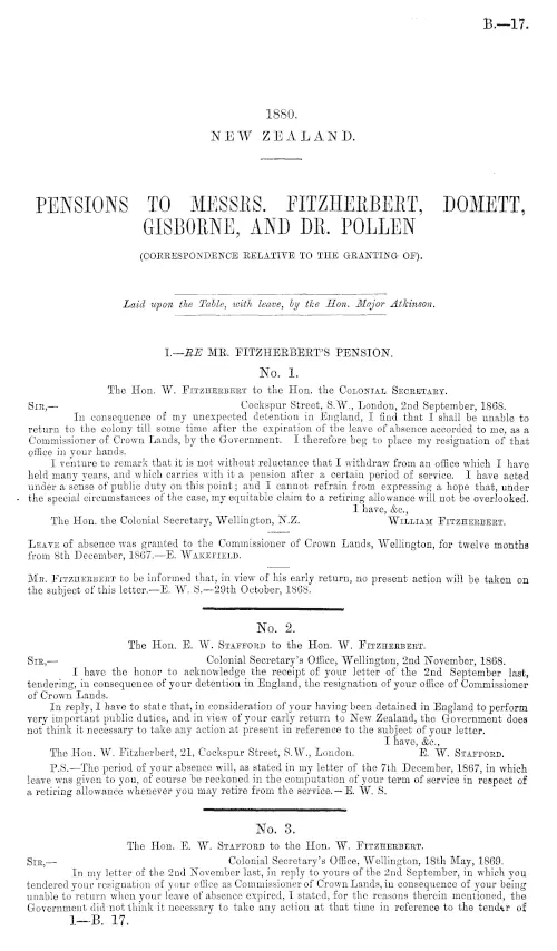 PENSIONS TO MESSRS. FITZHERBERT, DOMETT, GISBORNE, AND DR. POLLEN (CORRESPONDENCE RELATIVE TO THE GRANTING OF).