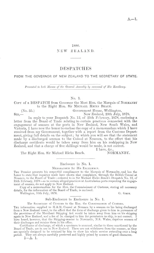 DESPATCHES FROM THE GOVERNOR OF NEW ZEALAND TO THE SECRETARY OF STATE,