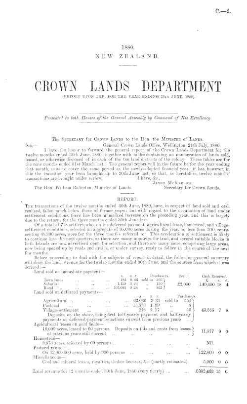 CROWN LANDS DEPARTMENT (REPORT UPON THE, FOR THE YEAR, ENDING 30th JUNE, 1880).