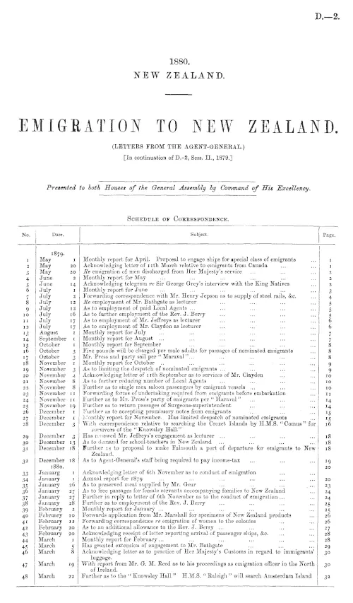 EMIGRATION TO NEW ZEALAND. (LETTERS FROM THE AGENT-GENERAL.) [In continuation of D.-2, Sess. II., 1879.]