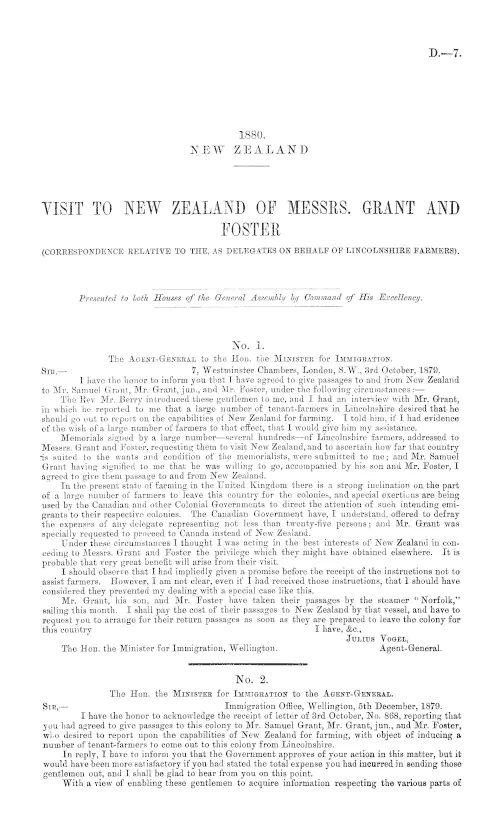 VISIT TO NEW ZEALAND OF MESSRS. GRANT AND FOSTER (CORRESPONDENCE RELATIVE TO THE, AS DELEGATES ON BEHALF OF LINCOLNSHIRE FARMERS).