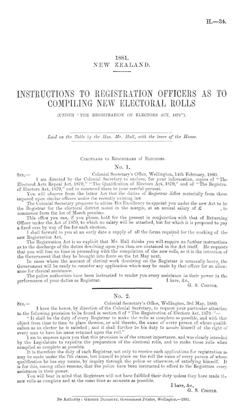 INSTRUCTIONS TO REGISTRATION OFFICERS AS TO COMPILING NEW ELECTORAL ROLLS (UNDER "THE REGISTRATION OF ELECTORS ACT, 1879").