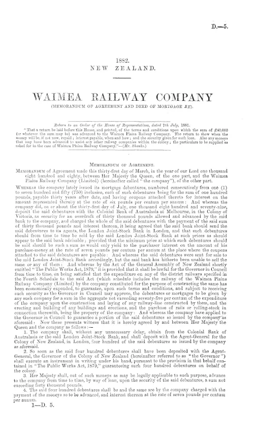WAIMEA RAILWAY COMPANY (MEMORANDUM OF AGREEMENT AND DEED OF MORTGAGE RE).