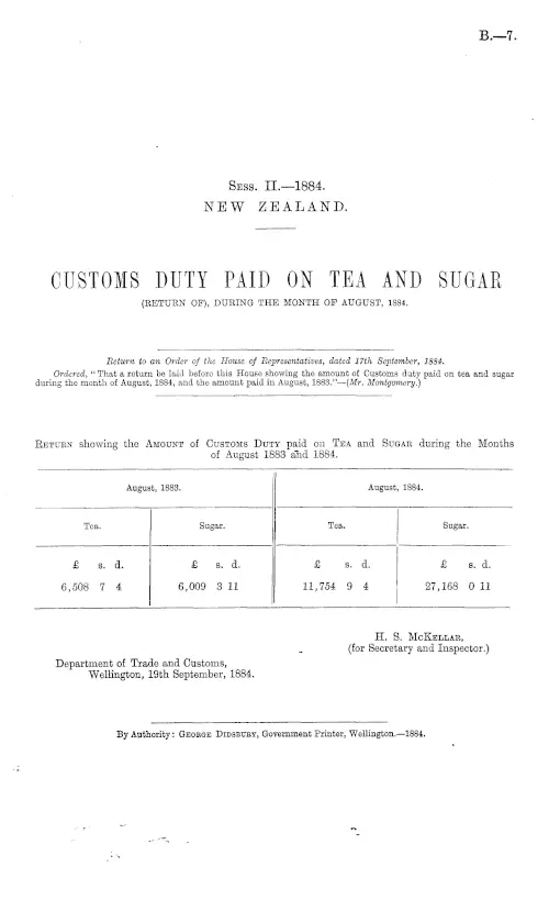 CUSTOMS DUTY PAID ON TEA AND SUGAR (RETURN OF), DURING THE MONTH OF AUGUST, 1884.