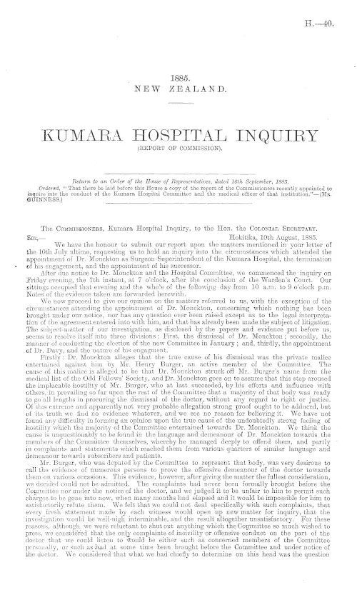 KUMARA HOSPITAL INQUIRY (REPORT OF COMMISSION).