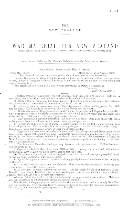 WAR MATERIAL FOR NEW ZEALAND (CORRESPONDENCE FROM REAR-ADMIRAL SCOTT WITH REGARD TO OBTAINING).