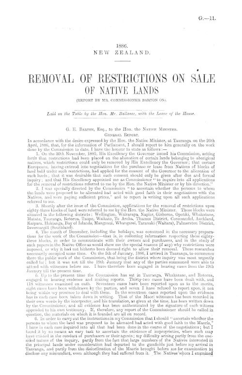 REMOVAL OF RESTRICTIONS ON SALE OF NATIVE LANDS (REPORT BY MR. COMMISSIONER BARTON ON).