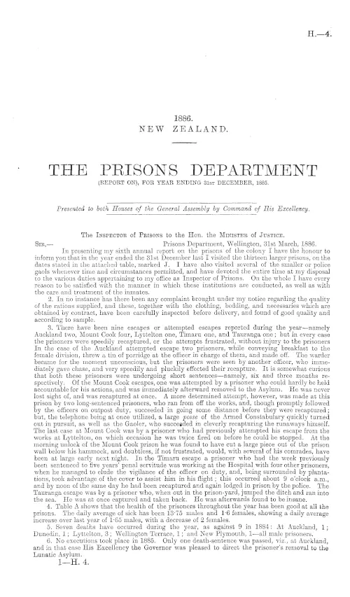 THE PRISONS DEPARTMENT (REPORT ON), FOR YEAR ENDING 31st DECEMBER, 1885.