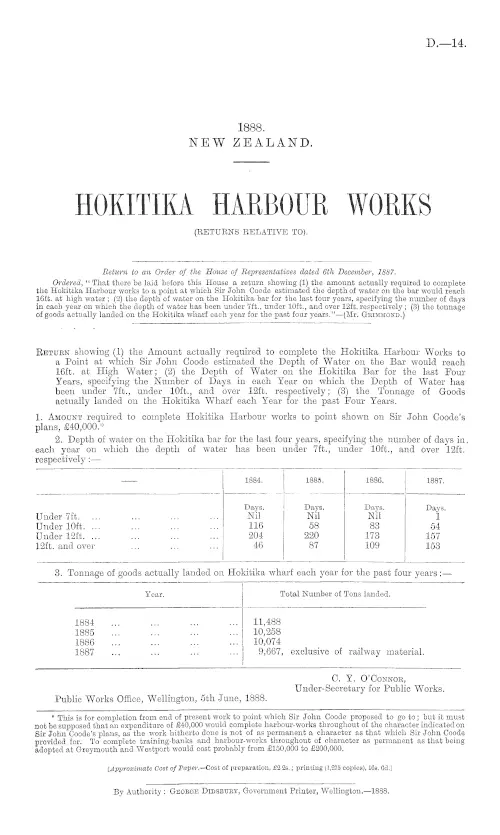 HOKITIKA HARBOUR WORKS (RETURNS RELATIVE TO).