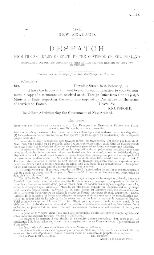 DESPATCH FROM THE SECRETARY OF STATE TO THE GOVERNOR OF NEW ZEALAND RESPECTING CONDITIONS IMPOSED BY FRENCH LAW ON THE RETURN OF CONVICTS TO FRANCE.