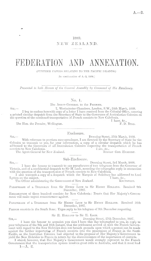 FEDERATION AND ANNEXATION. (FURTHER PAPERS RELATING TO THE PACIFIC ISLANDS.) [In continuation of A.-3, 1888.]