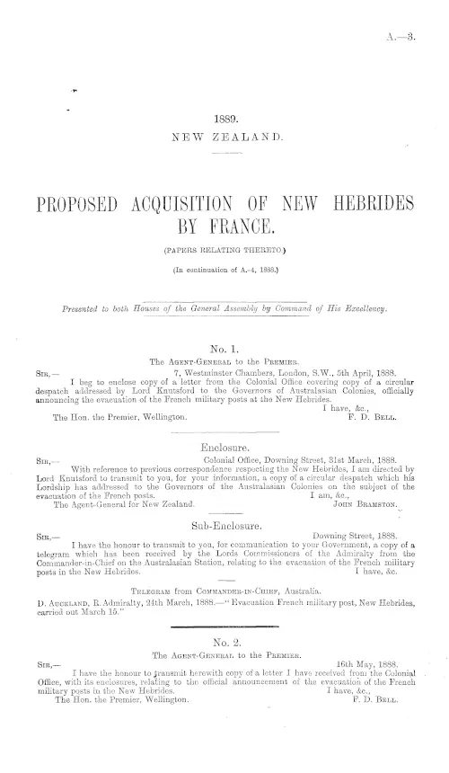 PROPOSED ACQUISITION OF NEW HEBRIDES BY FRANCE. (PAPERS RELATING THERETO.) (In continuation of A.-4, 1888.)